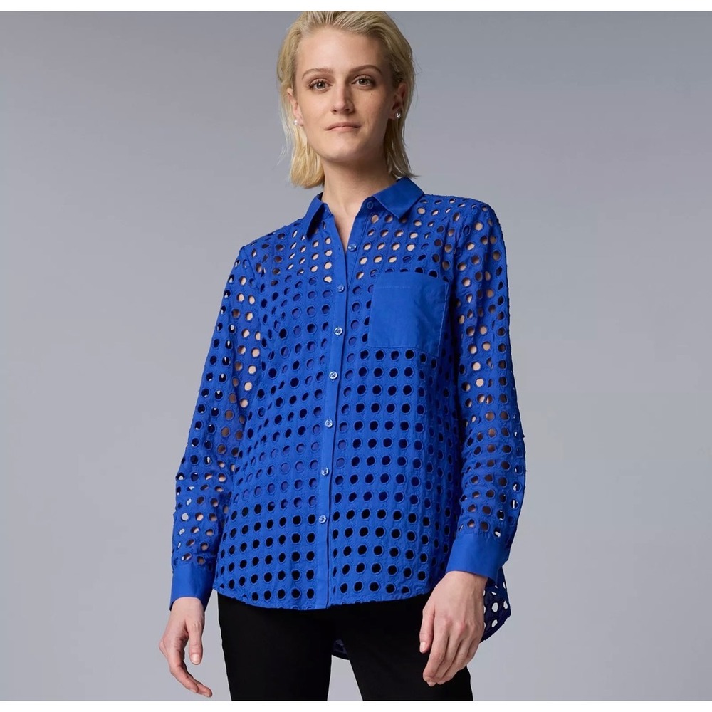Simply Vera Vera Wang Royal Blue Eyelet Cutout Button Down Shirt & Cami Small